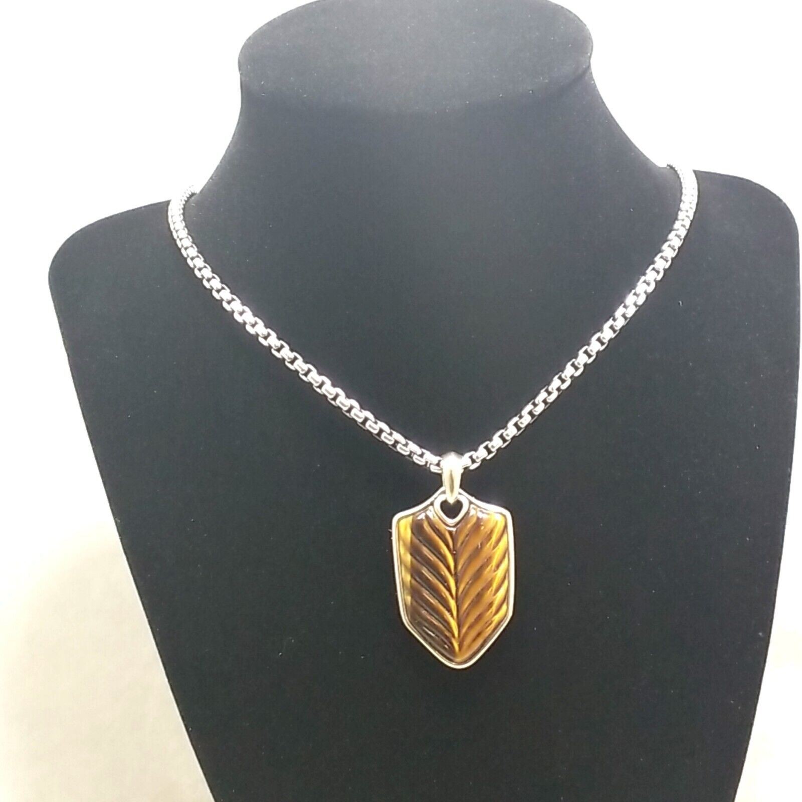 22″ David Yurman 925 Silver Neckace with Carved Tigers Eye Chevron Pendant