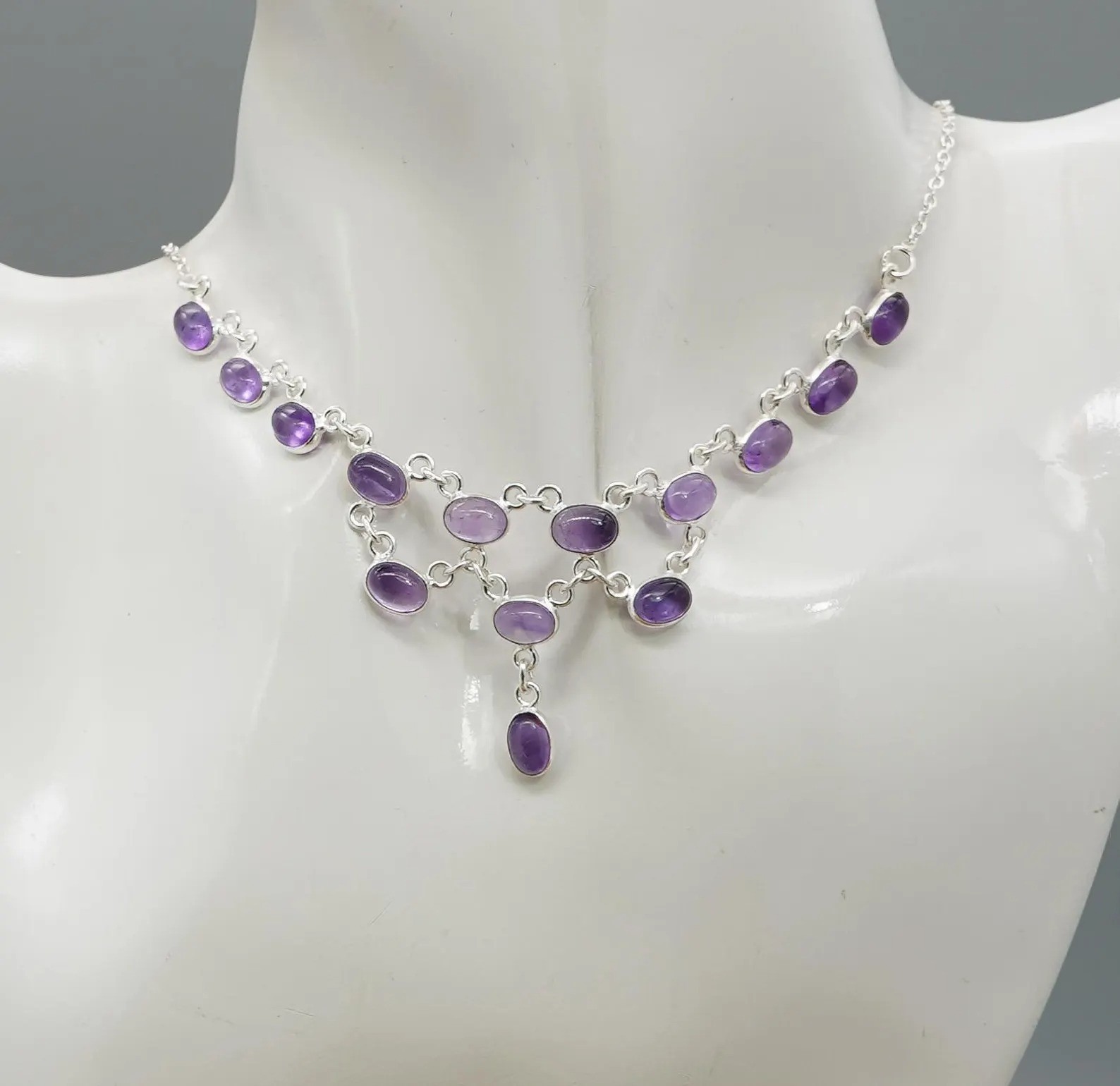 Purple Amethyst Sterling Silver Layered Gemstone Adjustable Necklace