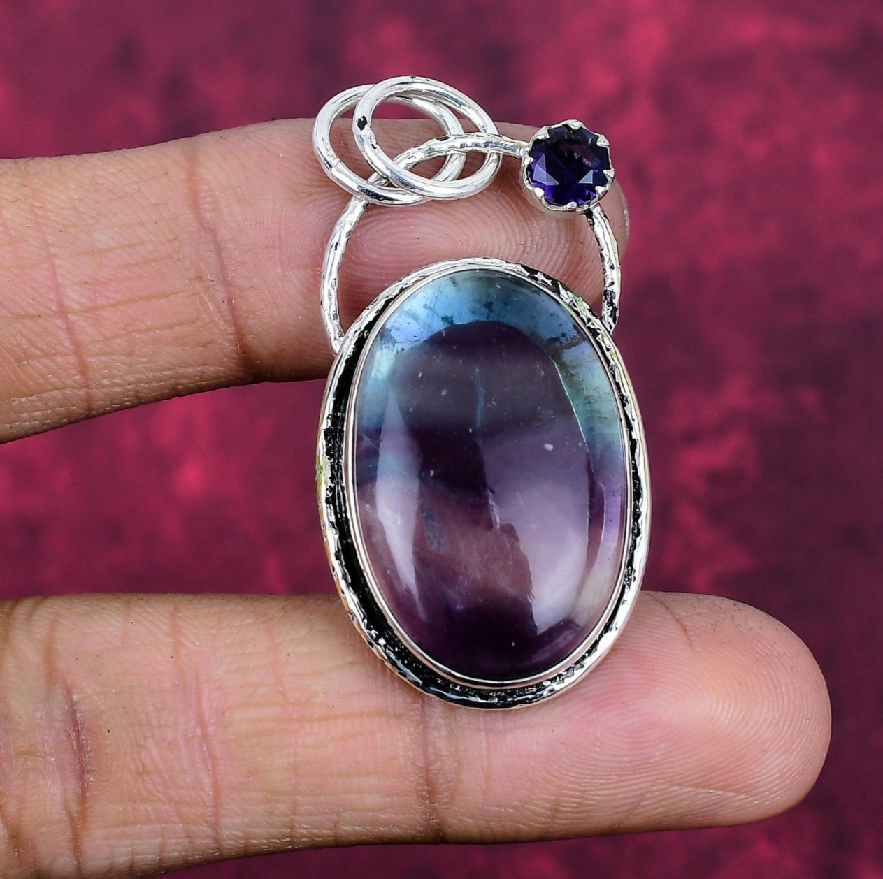 Fluorite & Amethyst Gemstone Handmade 925 Solid Silver Healing Pendant Jewelry