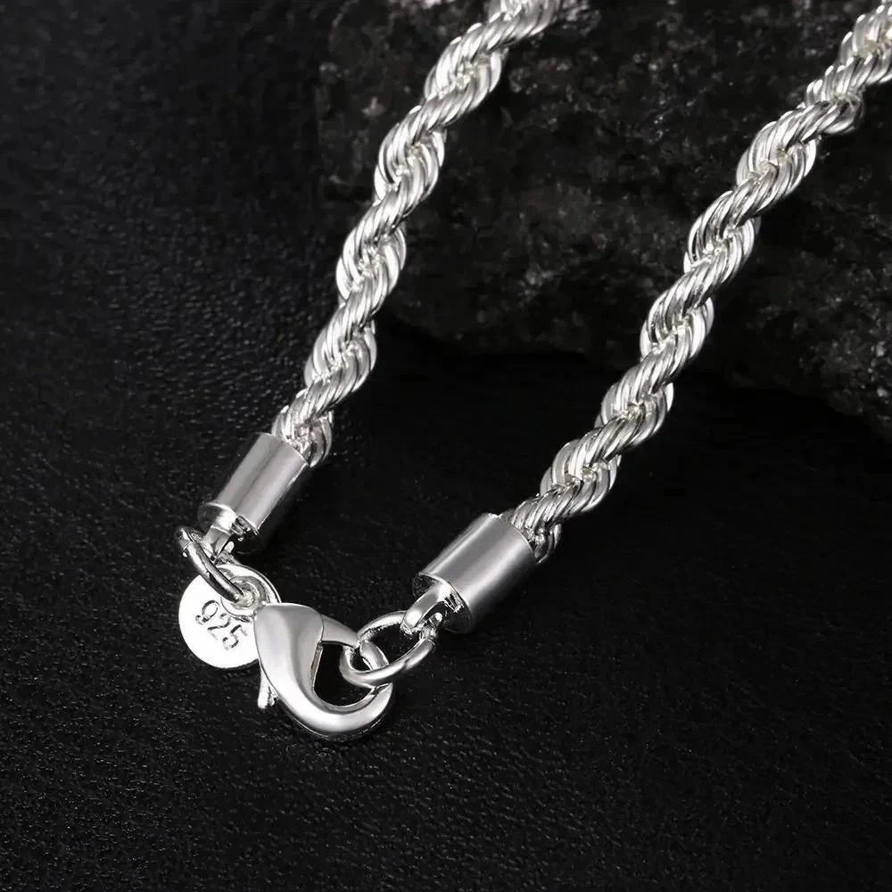 4mm Diamond Cut Solid 925 Sterling Silver Italian Rope Chain Men’s Necklace