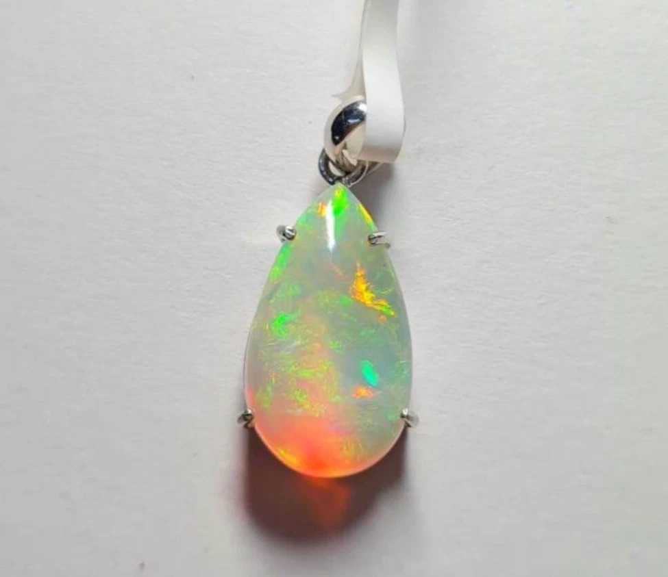 Natural 14 Ct White Multicolor Opal 925 Solid Silver Pendant Gemstone Pear Cut