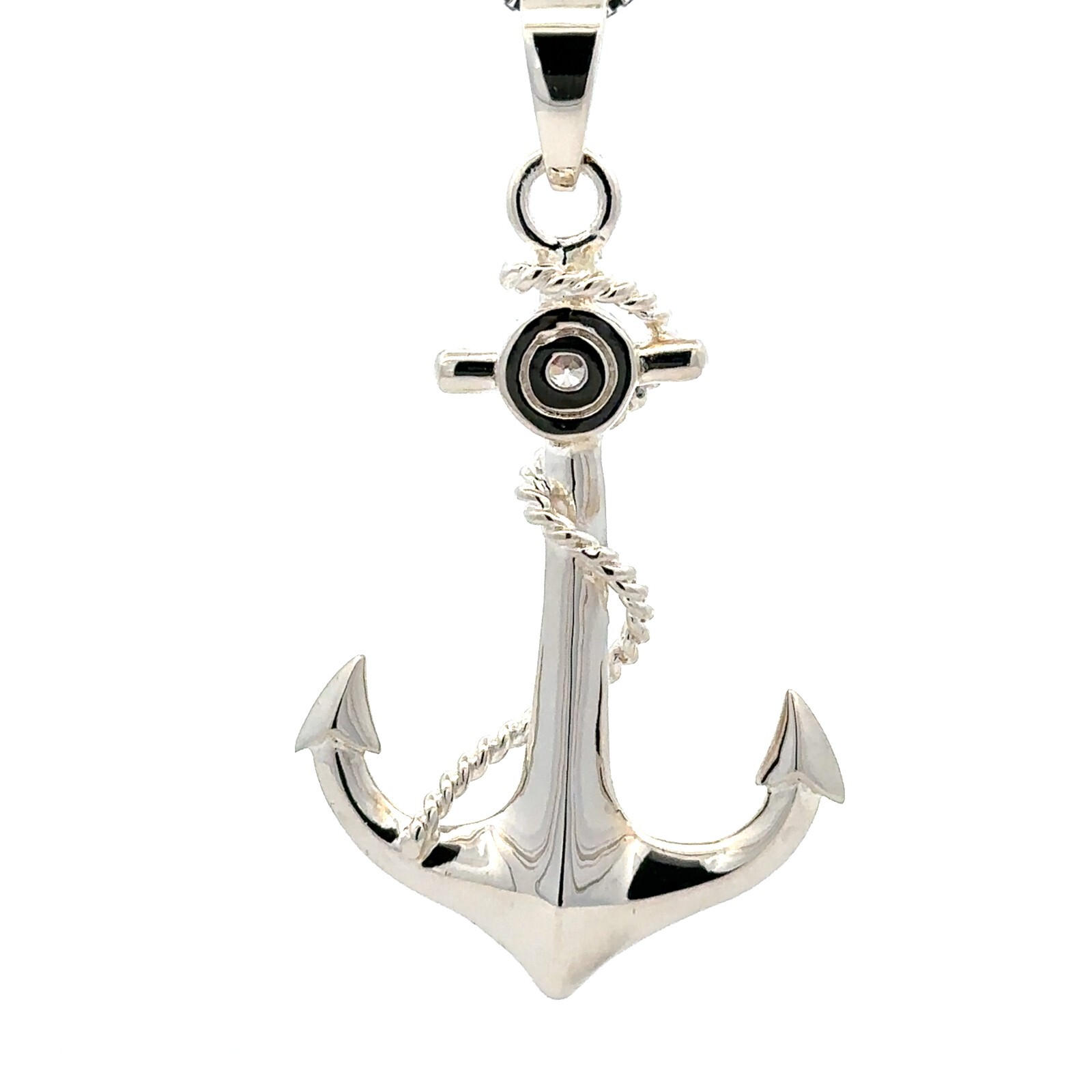 Sterling Silver Anchor Pendant -Solid- with CZ ( 2 3/8in. x 1.25in.)