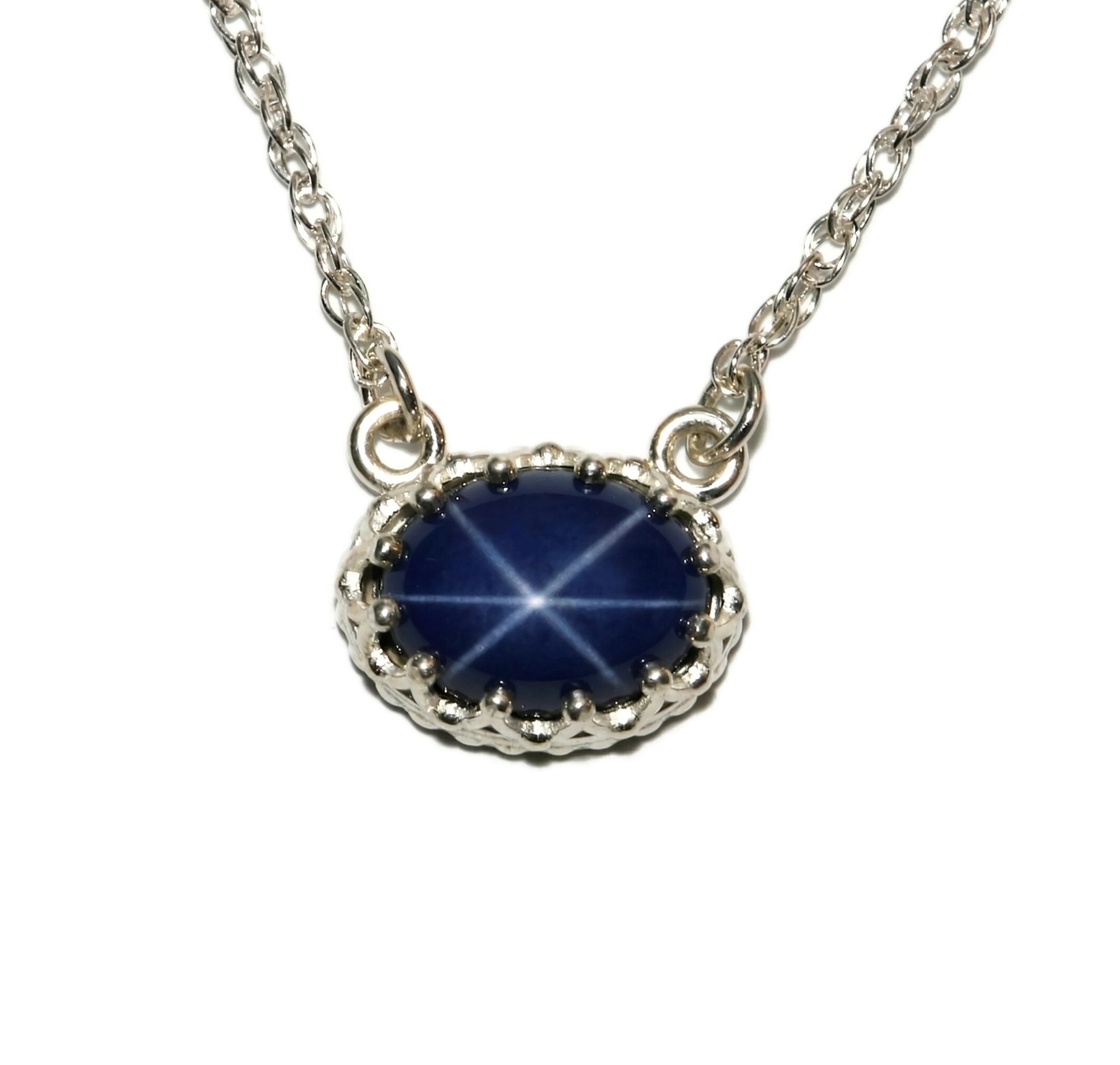 Blue Star Sapphire Crown Bezel 18″ Necklace (8x6mm Lab Created)