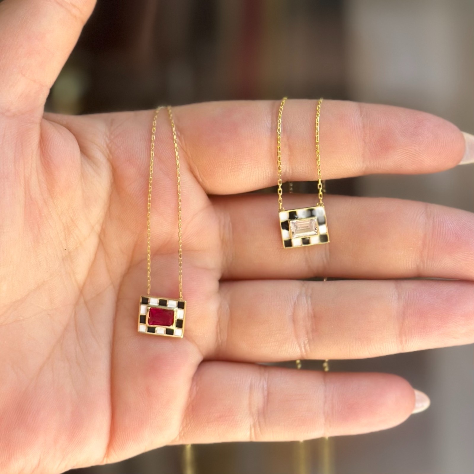14k Gold Lab-Created Ruby Checkerboard Necklace Black White Enamel Pendant Women