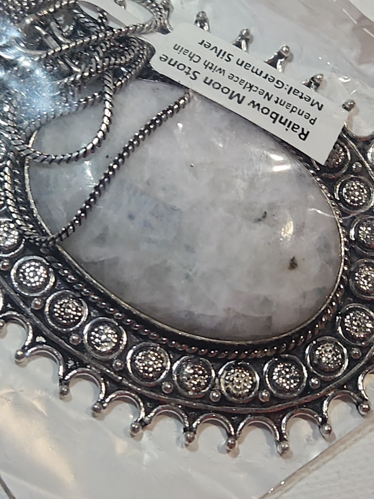 3 Inch German Silver Pendant With A Rainbow Moonstone And Chain (New)