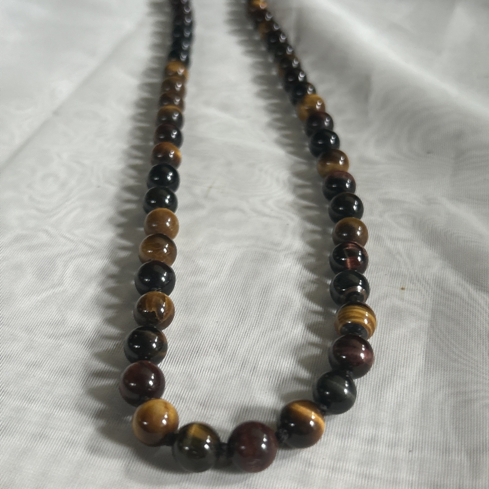 10mm Tiger’s Eye Beaded Necklace Knotted Brown, Red, Black Tones 26” Gemstone