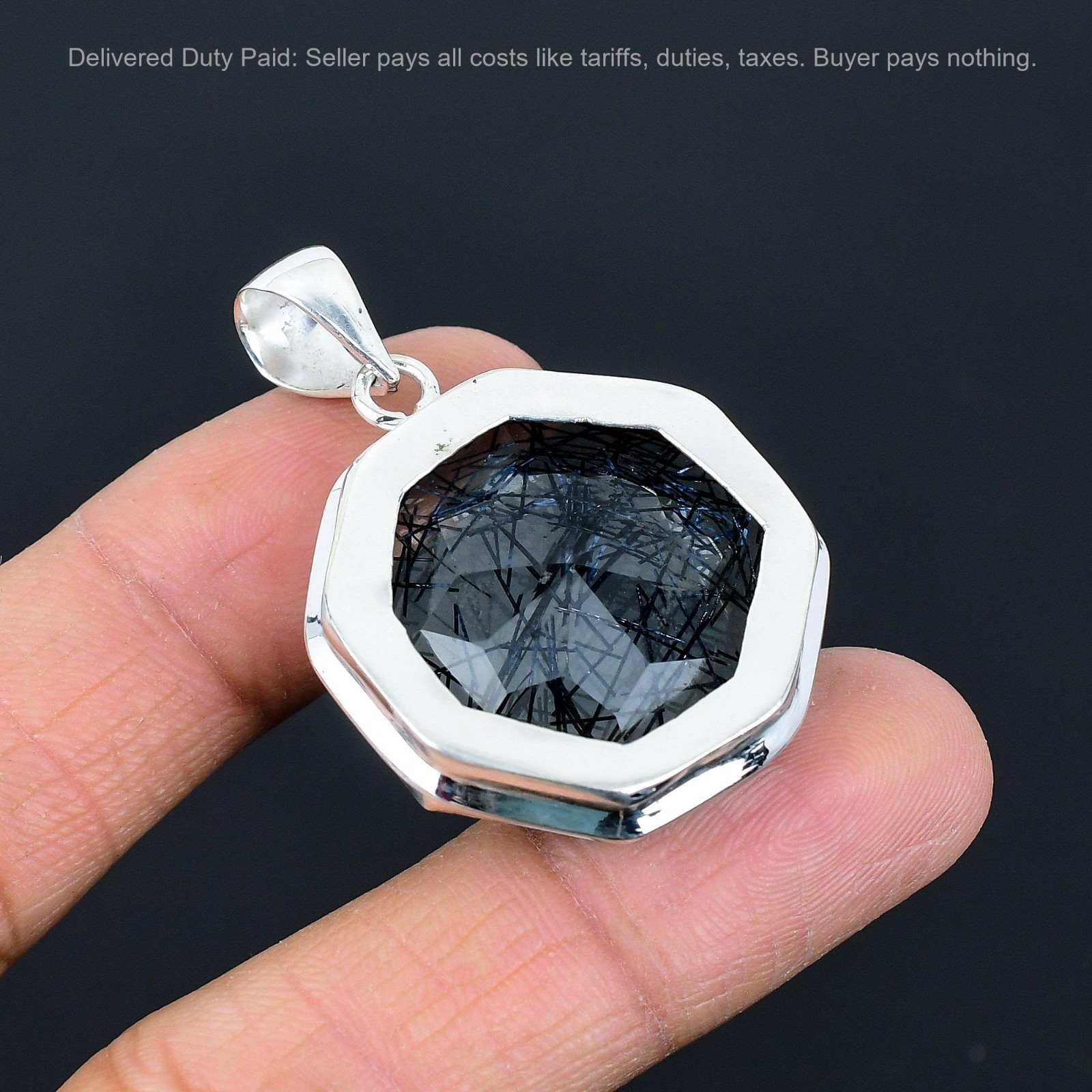 Octagon Black Rutile Gemstone 925 Sterling Silver Anniversary Birthday Pendant