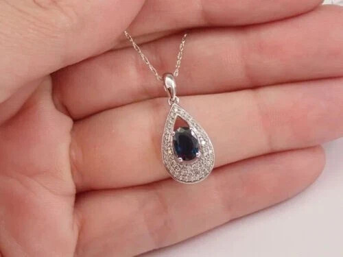 2Ct Oval Cut Lab Created Blue Sapphire Halo Pendant 14K White Gold Plated 18”
