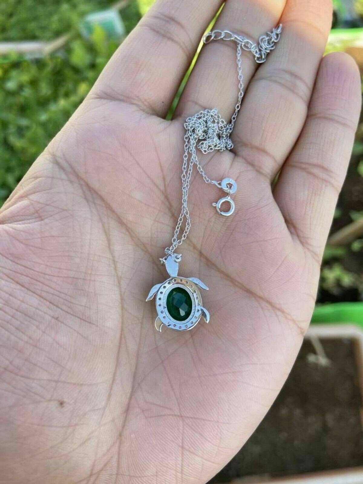 1Ct Oval Cut Lab-Created Emerald Turtle Pendant 14K White Gold Finish