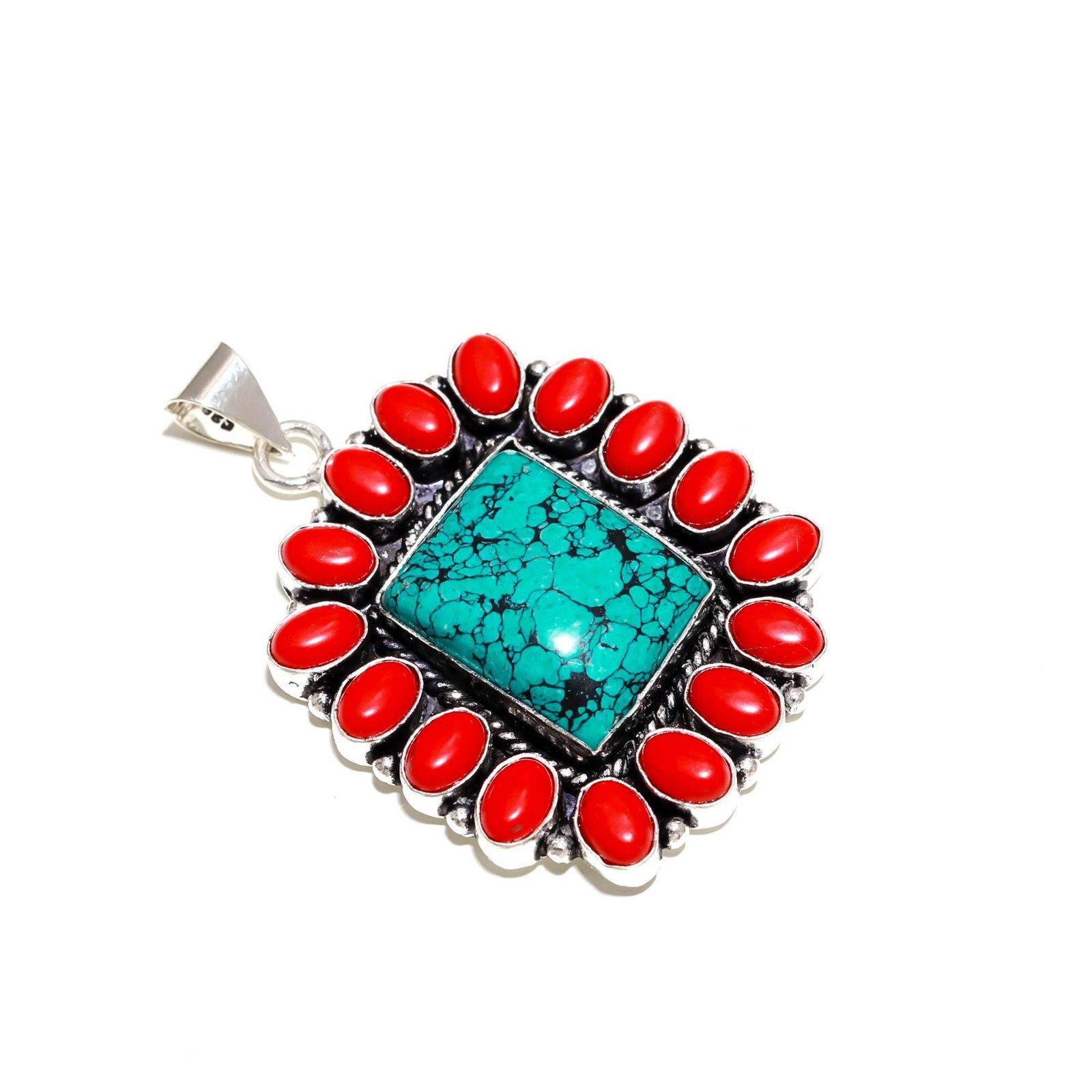 Turquoise & Red Coral Gemstone Handmade 925 Sterling Silver Pendant