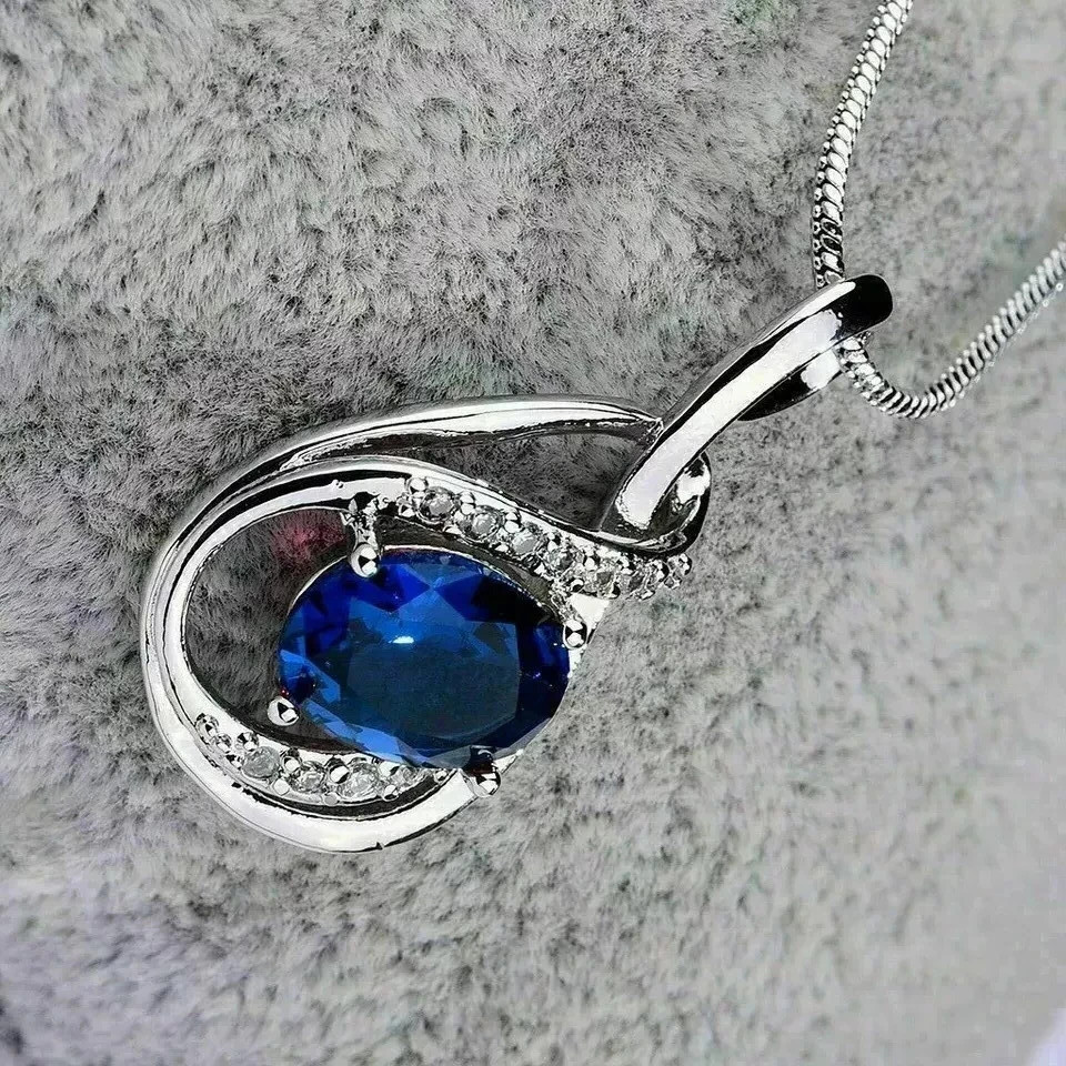 Oval Cut Lab Created Blue Sapphire Fancy Pendant Necklace 14K White Gold Plated