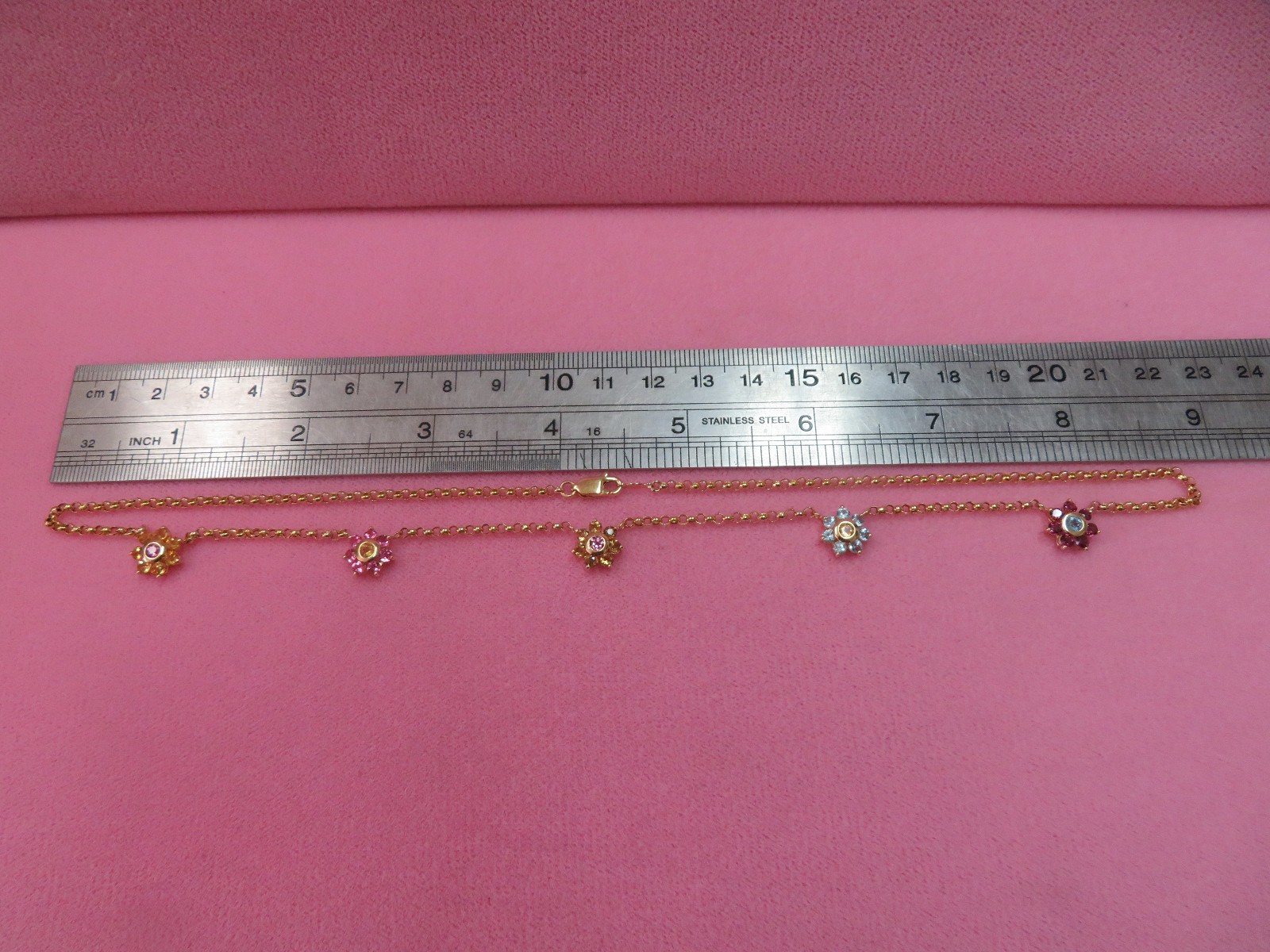 18″ 14k Solid Yellow Gold Rolo chain Multi Color Gemstone Necklace 6.08 G (#402)