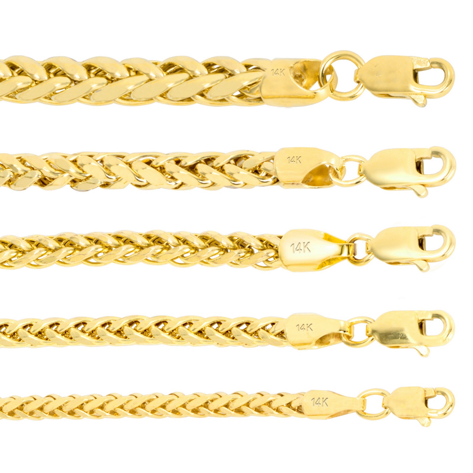 14K Yellow Gold 2.5mm-5mm Round Wheat Palm Franco Spiga Chain Necklace 16″- 30″