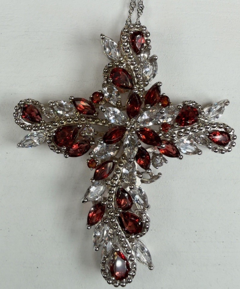 DK 925 Necklace With Deep Red And Clear Crystal Cross Pendant New!