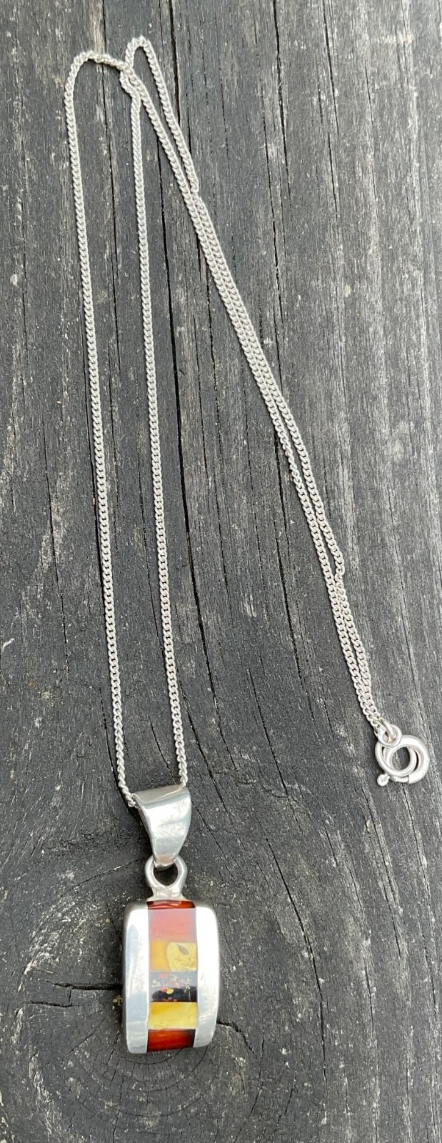 Sterling Silver Modernist Inlaid Baltic Milky Red Amber Pendant And Chain