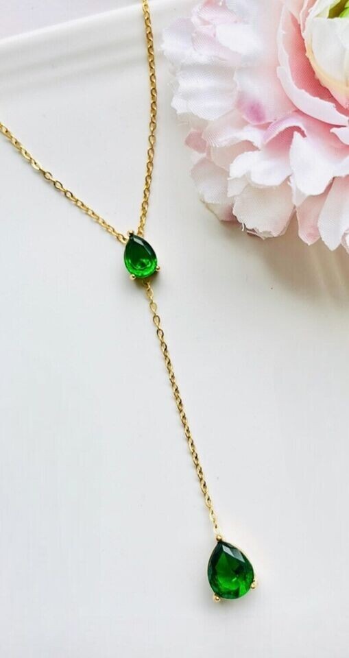 4Ct Pear Lab-Created Green Emerald Lariat Teardrop Necklace 14K Yellow Gold Over