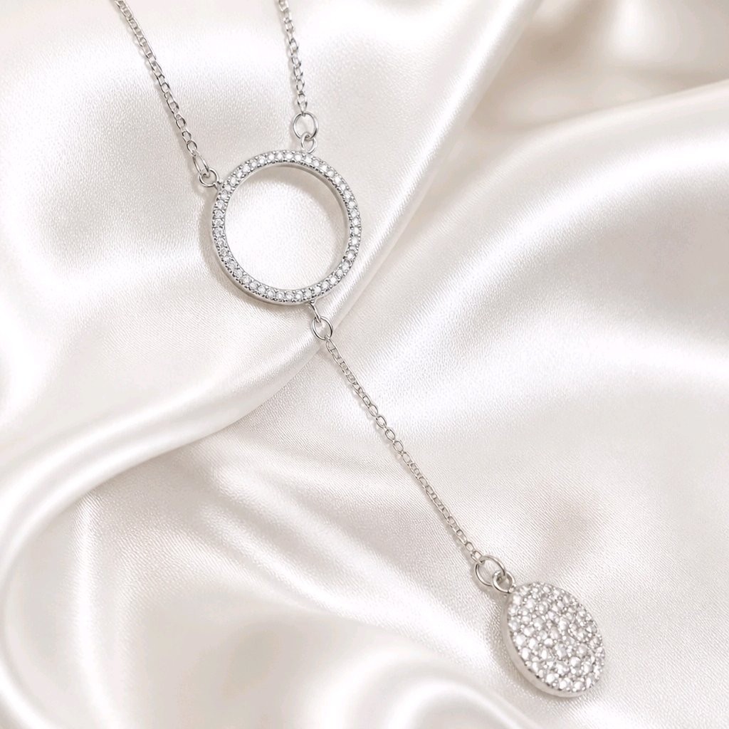 Sterling Silver CZ Circle Drop Necklace 40cm 3cm Extension Sparkling Pendant