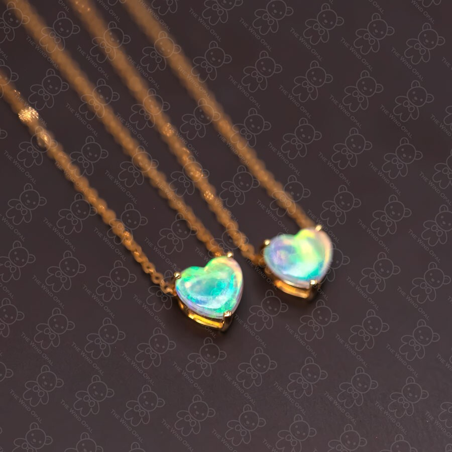 Minimalist Heart Shaped Australian Solid Opal Necklace 14k Yellow Gold Pendant