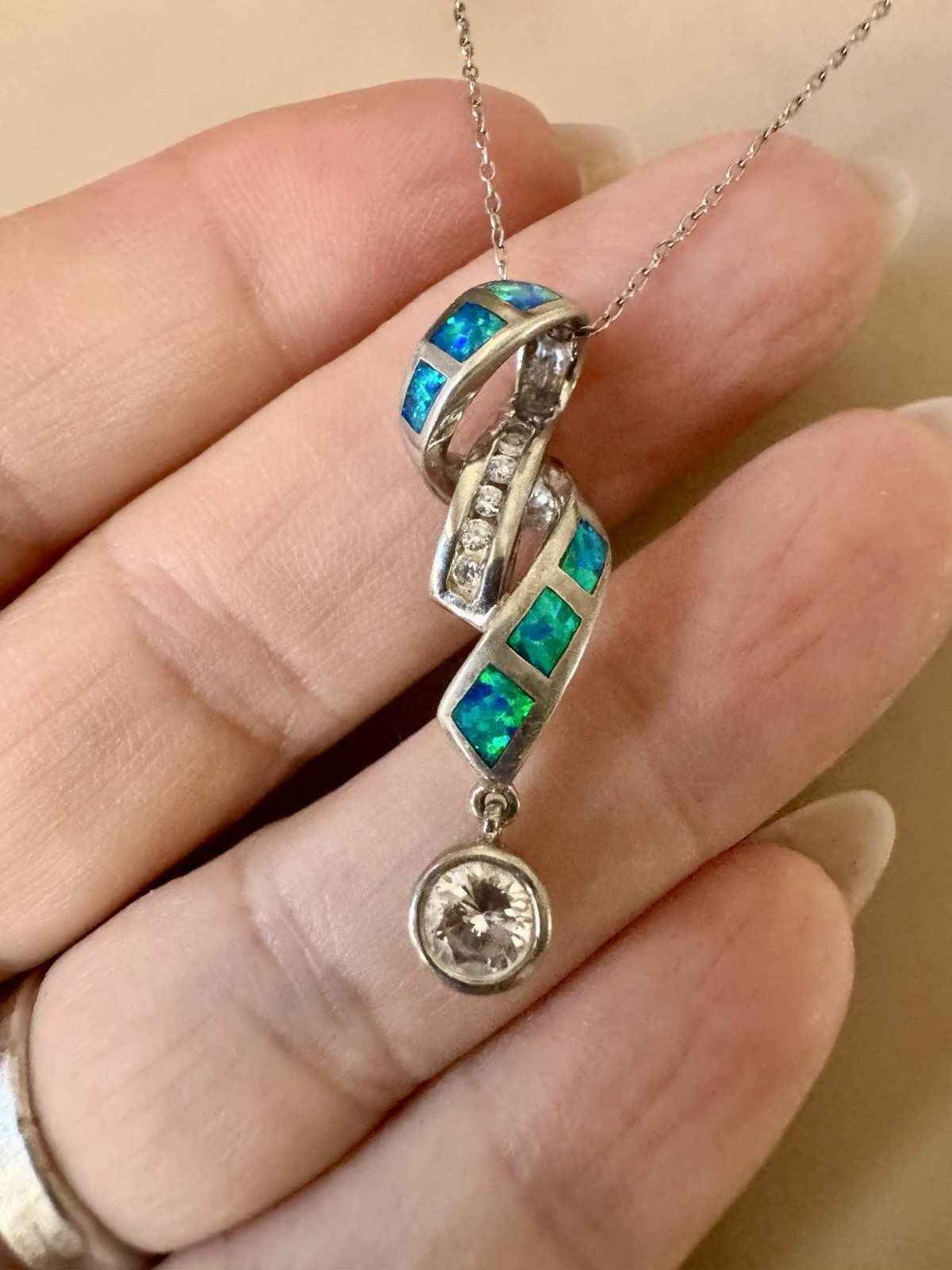 Sterling Silver 925 30mm Twisted Pendant necklace Lab Opals And Clear Stones 18”
