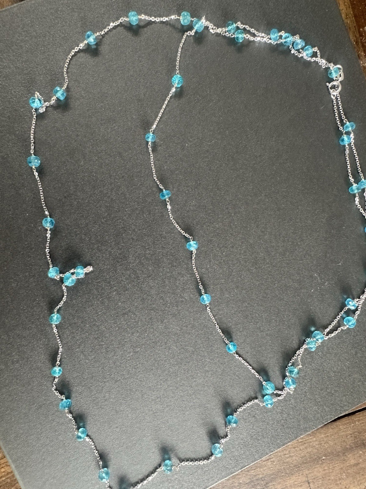 14K White Gold Natural Blue Apatite Faceted Bead Station Necklace 43.5” 8.1g