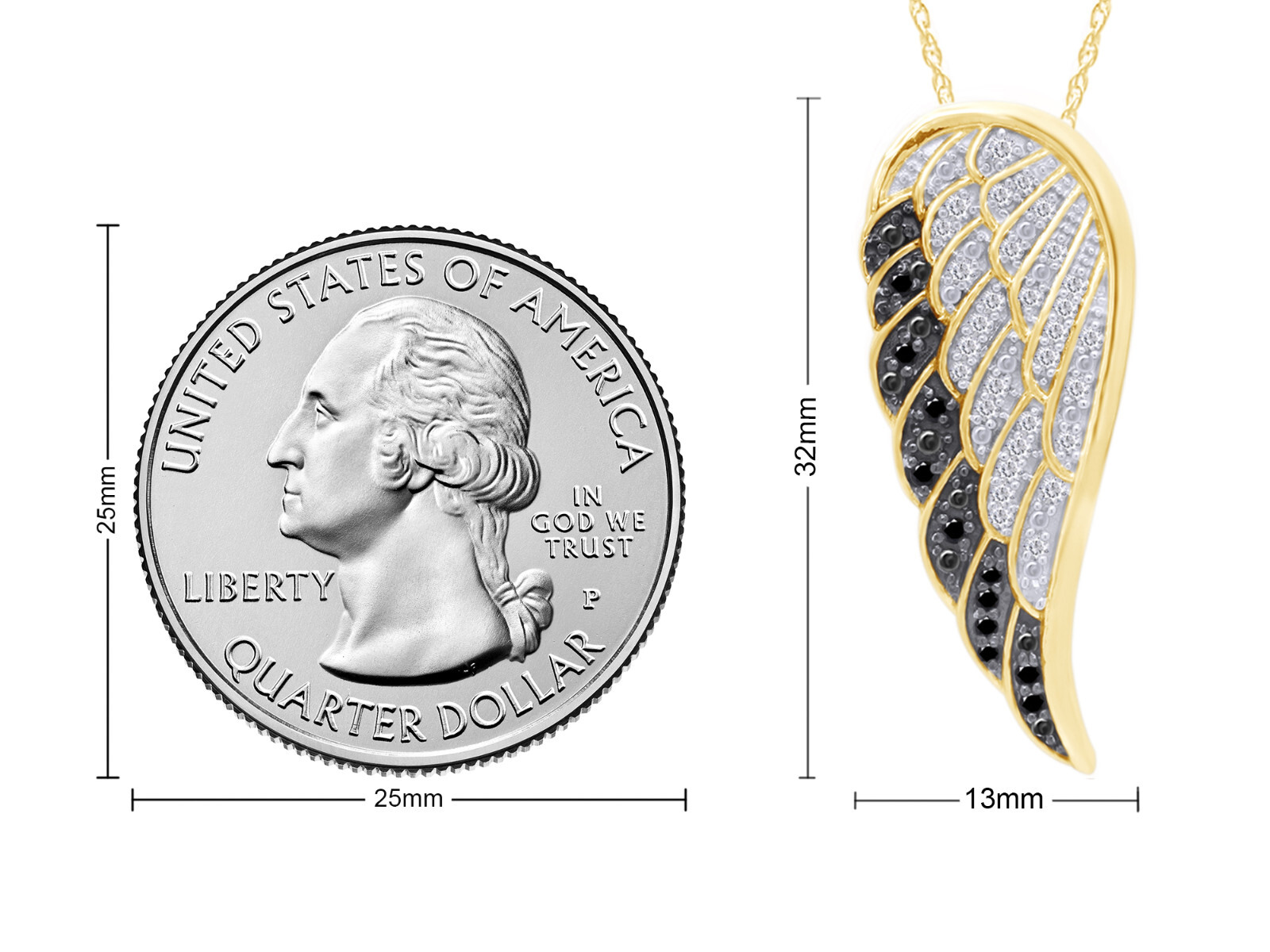 1/3ct White & Black Real Diamond Angel Wing Pendant Necklace 14K Gold, 18″ Chain