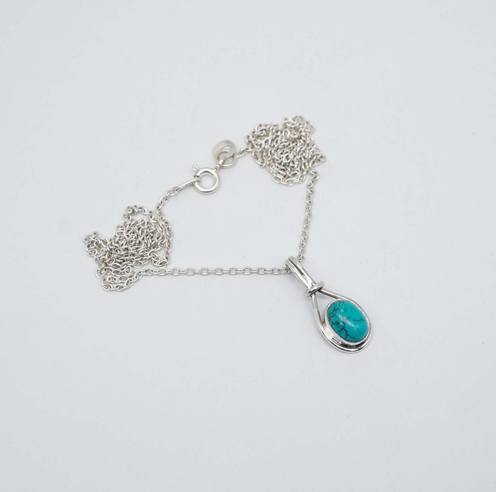925 Solid Sterling Silver Blue Turquoise Chain Pendant-18.7 Inch