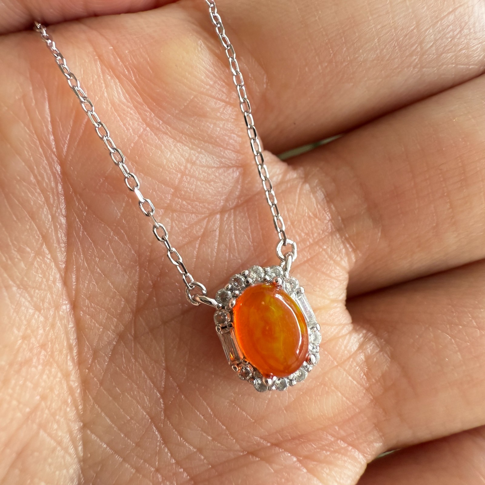 925 Sterling Silver Necklace 7x6mm Natural Fire Opal Gemstone Zircon Women Cute