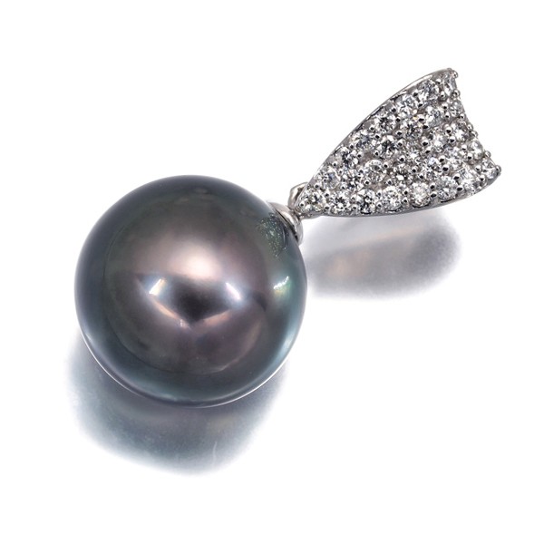 Black South Sea Pearl 11.5mm Diamond 0.18ct Solitaire Paved Pendant 18K WG
