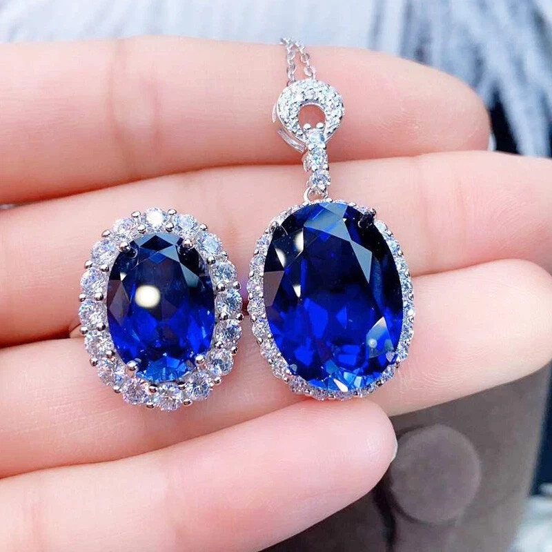 9.60Ct Oval Cut Natural Blue Sapphire & Diamond 14K White Gold Luxury Pendant