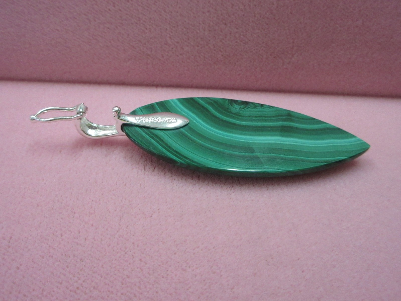 Large GSJ 925 Sterling Silver Malachite Pendant with Openable Bail 16.85 Grams