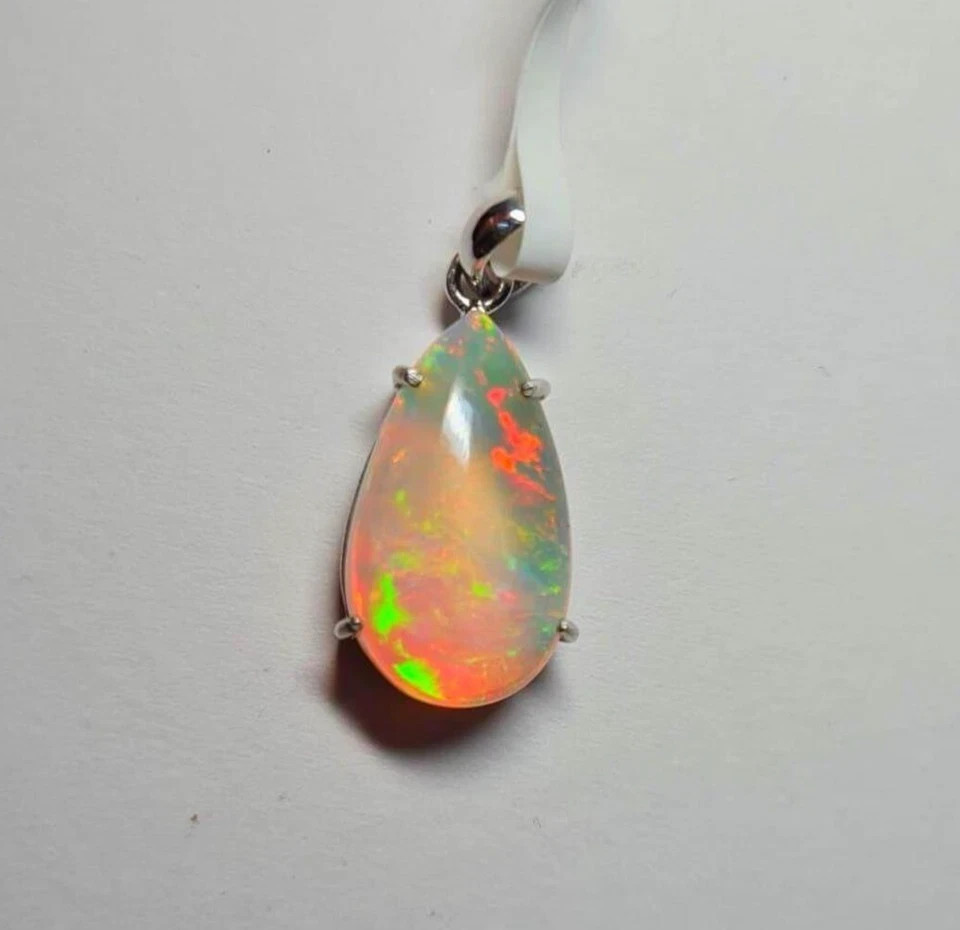 Natural 14 Ct White Multicolor Opal 925 Solid Silver Pendant Gemstone Pear Cut