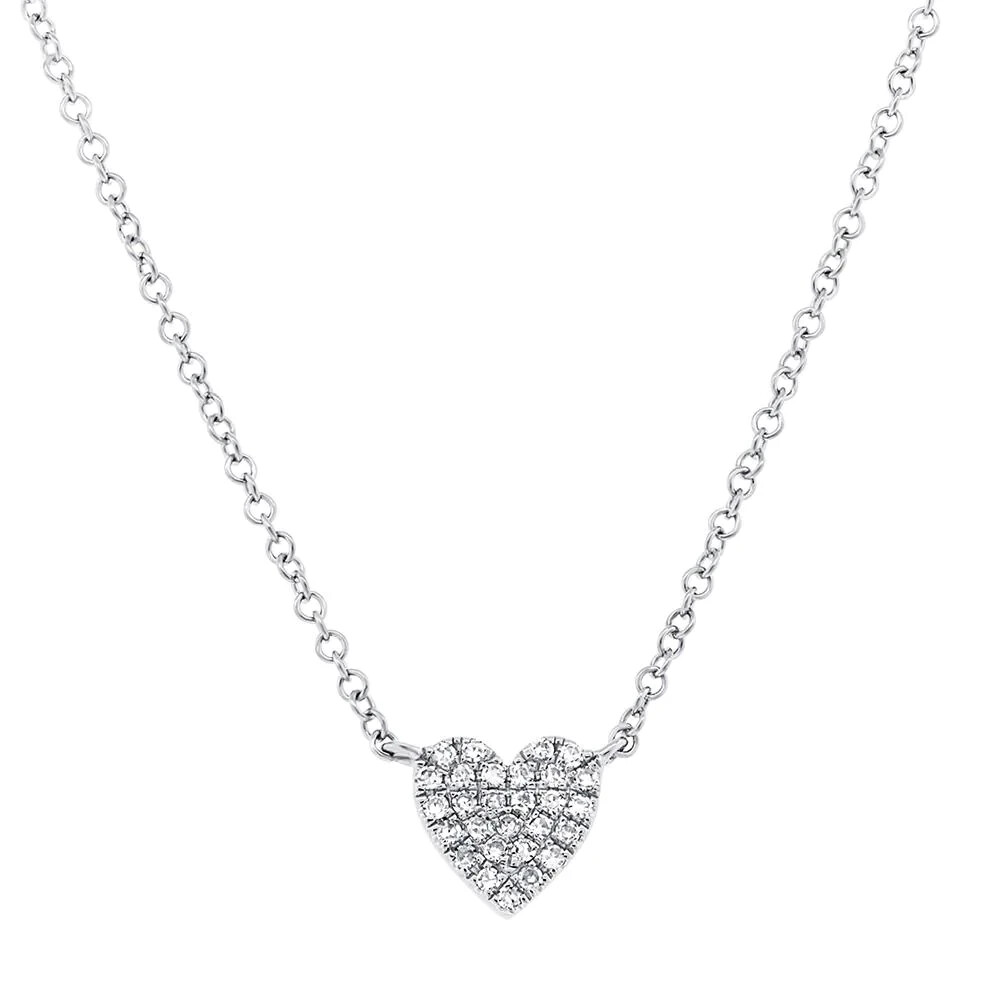 14K White Gold Diamond Heart Pendant Necklace Natural Pave Set 0.09CT Round Cut