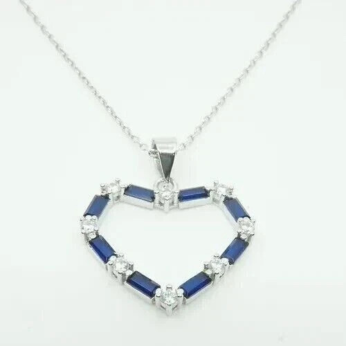 Heart Shape Pendant 1.85Ct Baguette Lab-Created Sapphire 14K White Gold Plated
