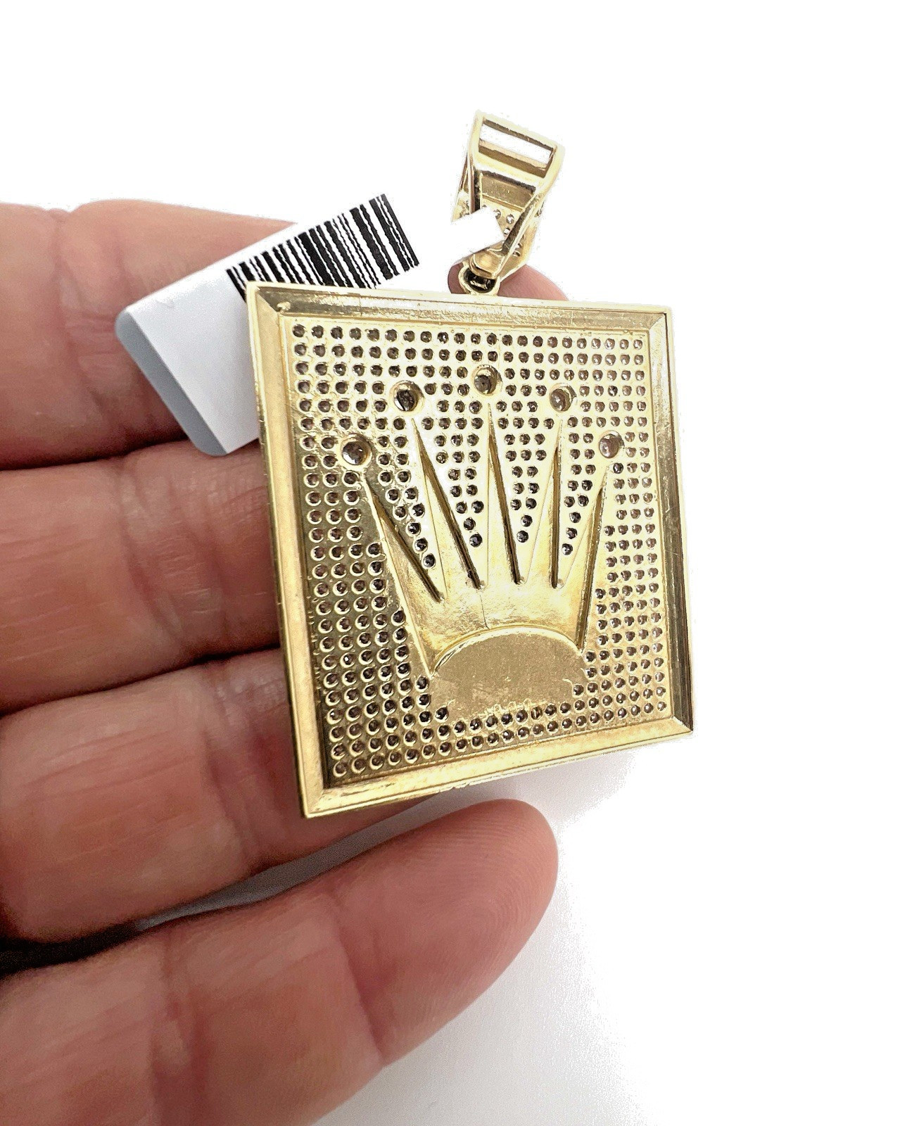 10K Yellow Gold Solid King Crown Pendant CZ Pave Square Frame Heavy Men’s OroAu