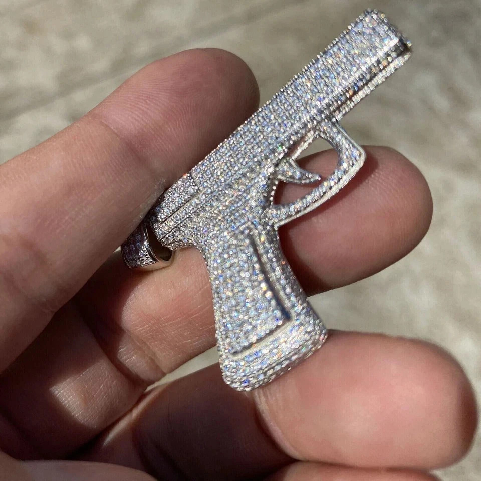 Men’s Gun Shape Pendant Gift For Him 14k White Gold Round Cut Natural Diamond