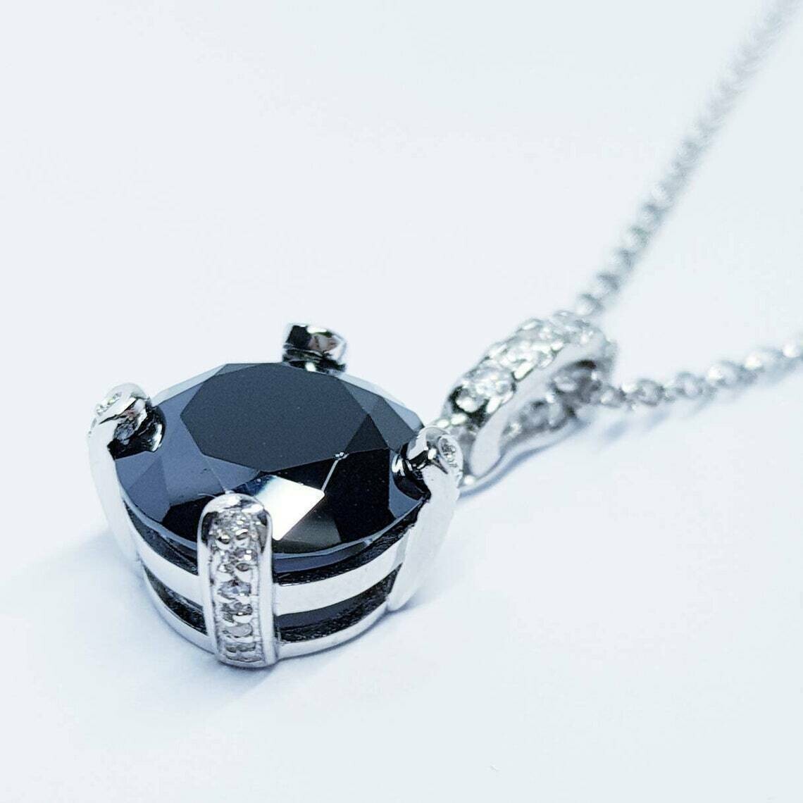 2Ct Round Cut Black Diamond Solitaire Pendant Free Chain 14K White Gold Finish