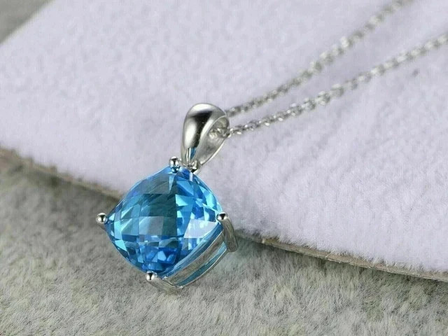2CT Cushion Cut Lab Created Aquamarine Women Chain Pendant 14k White Gold Plated