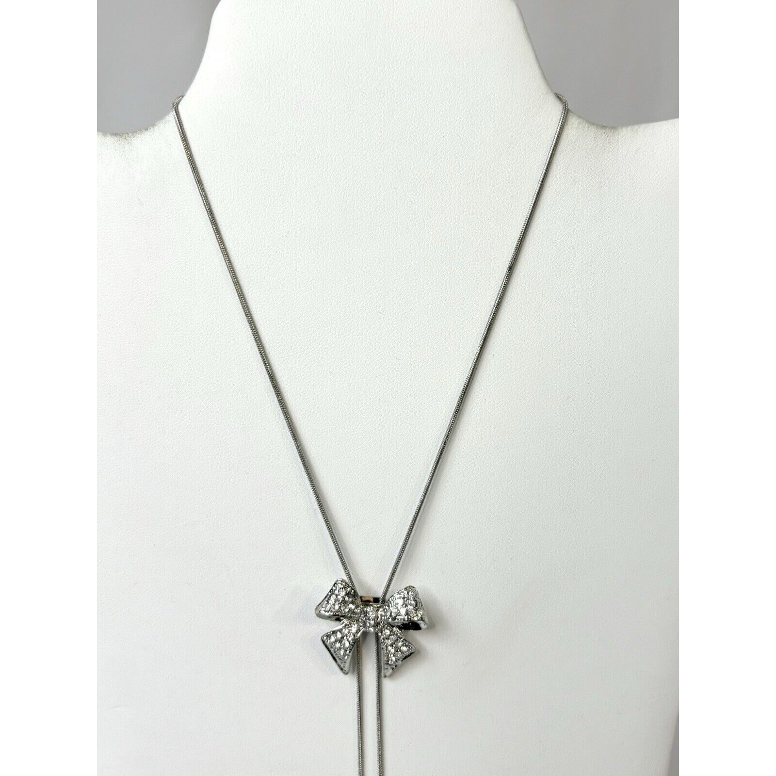 Vintage Silver Tone Bow Rhinestone Bolo Slider Lariat Necklace Western Glam