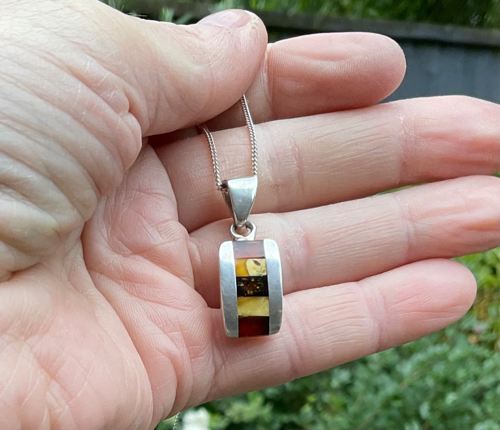 Sterling Silver Modernist Inlaid Baltic Milky Red Amber Pendant And Chain