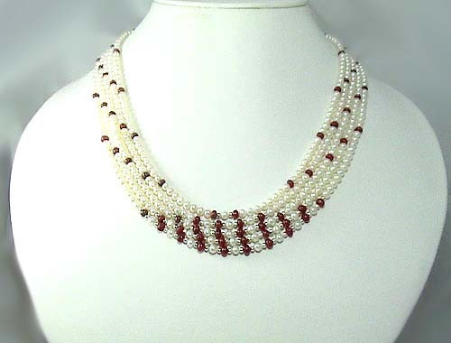 240ct Natural Ruby Plain Roundles Bead necklace 5 strand with fresh water pearls