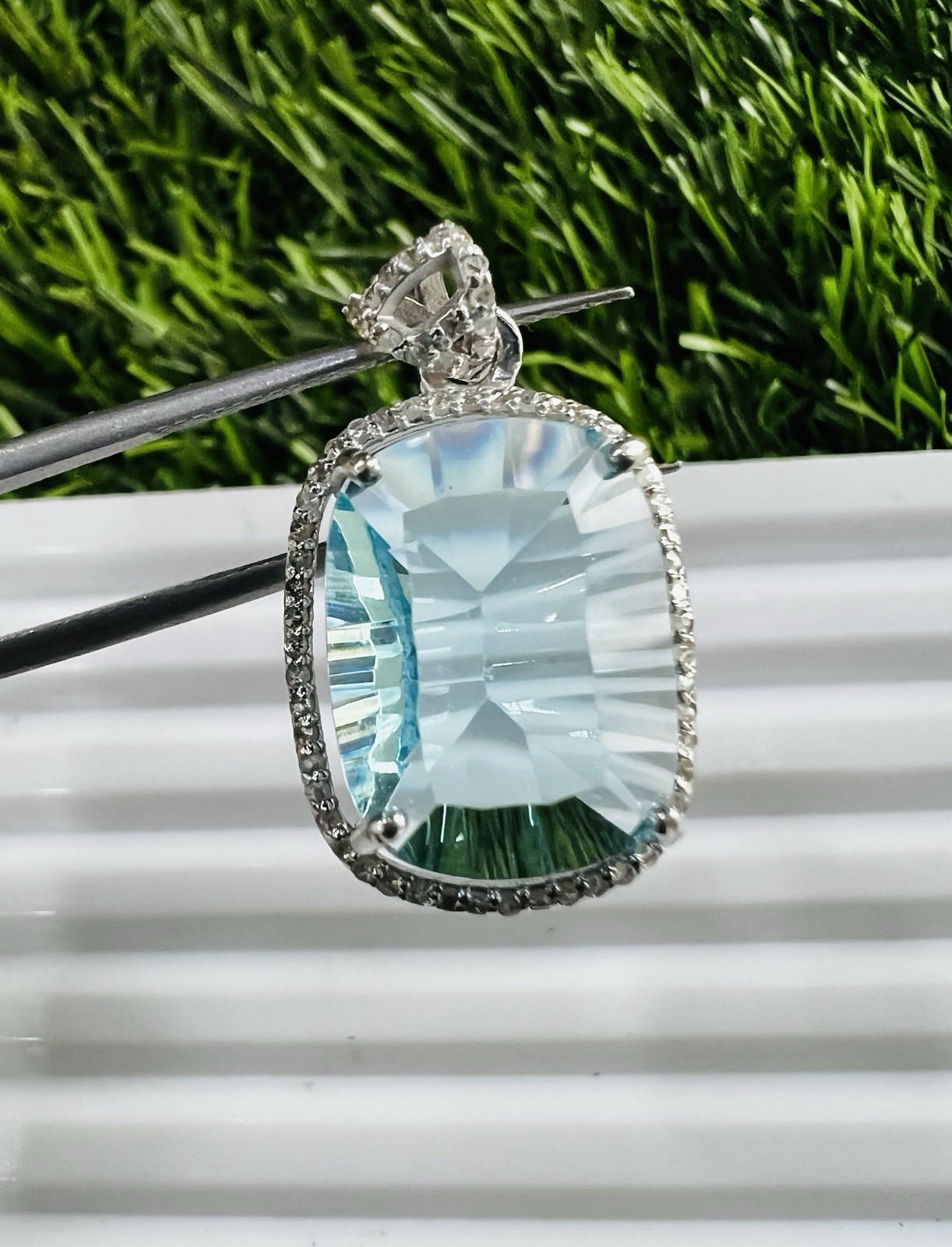 Blue Topaz & Diamond Sterling Silver Pendant | Concave Gemstone Jewelry 3.5 CM