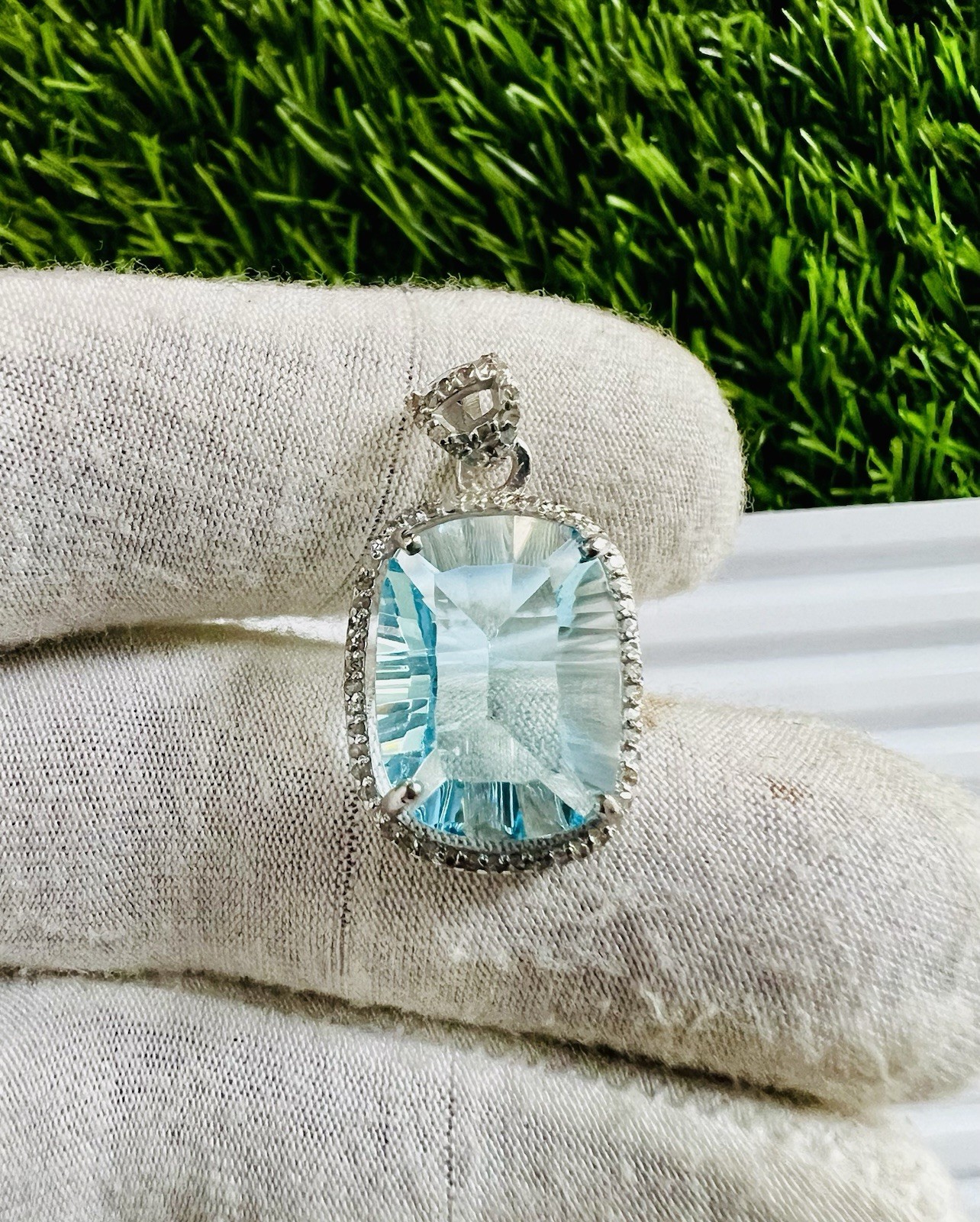 Blue Topaz & Diamond Sterling Silver Pendant | Concave Gemstone Jewelry 3.5 CM