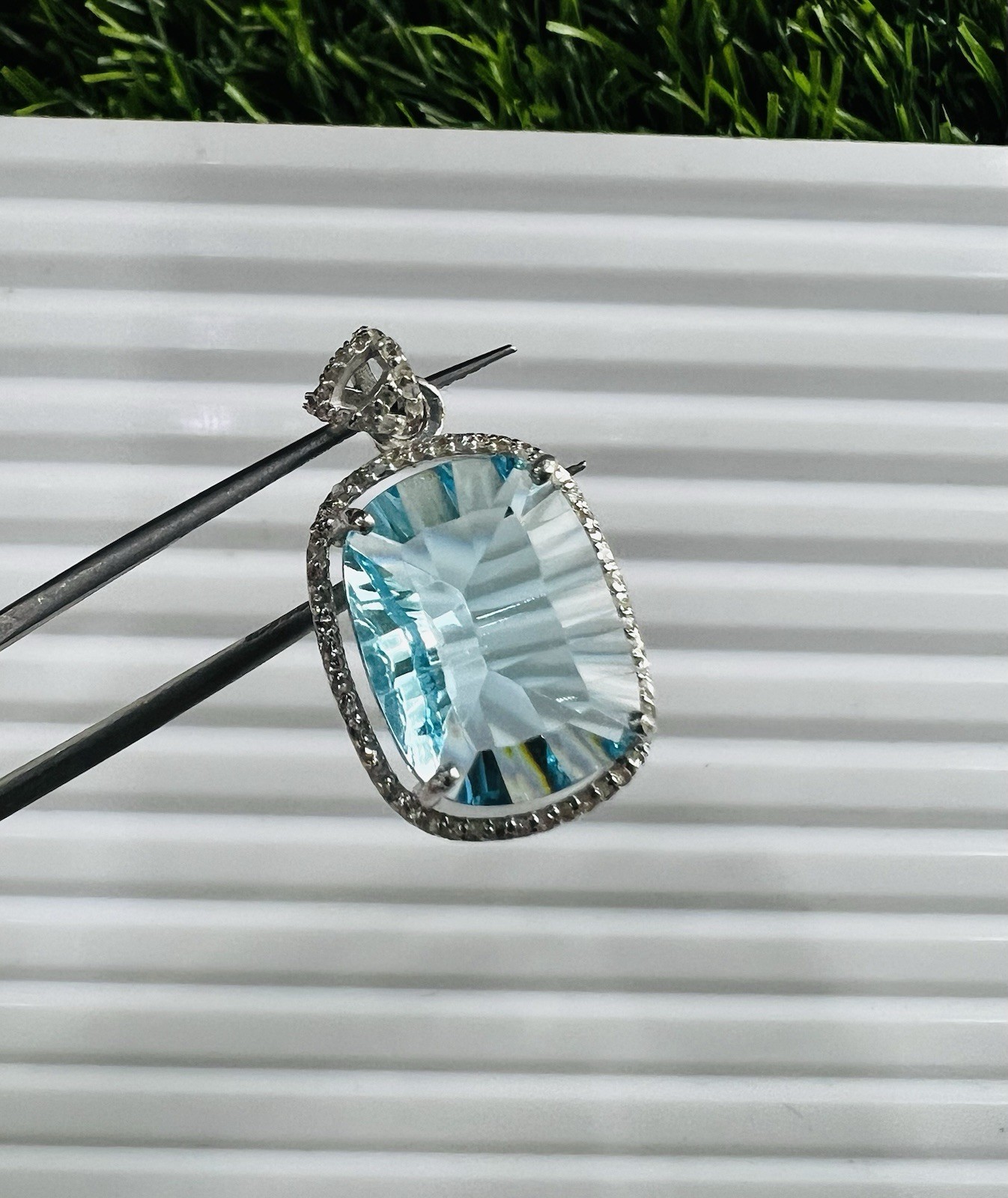 Blue Topaz & Diamond Sterling Silver Pendant | Concave Gemstone Jewelry 3.5 CM