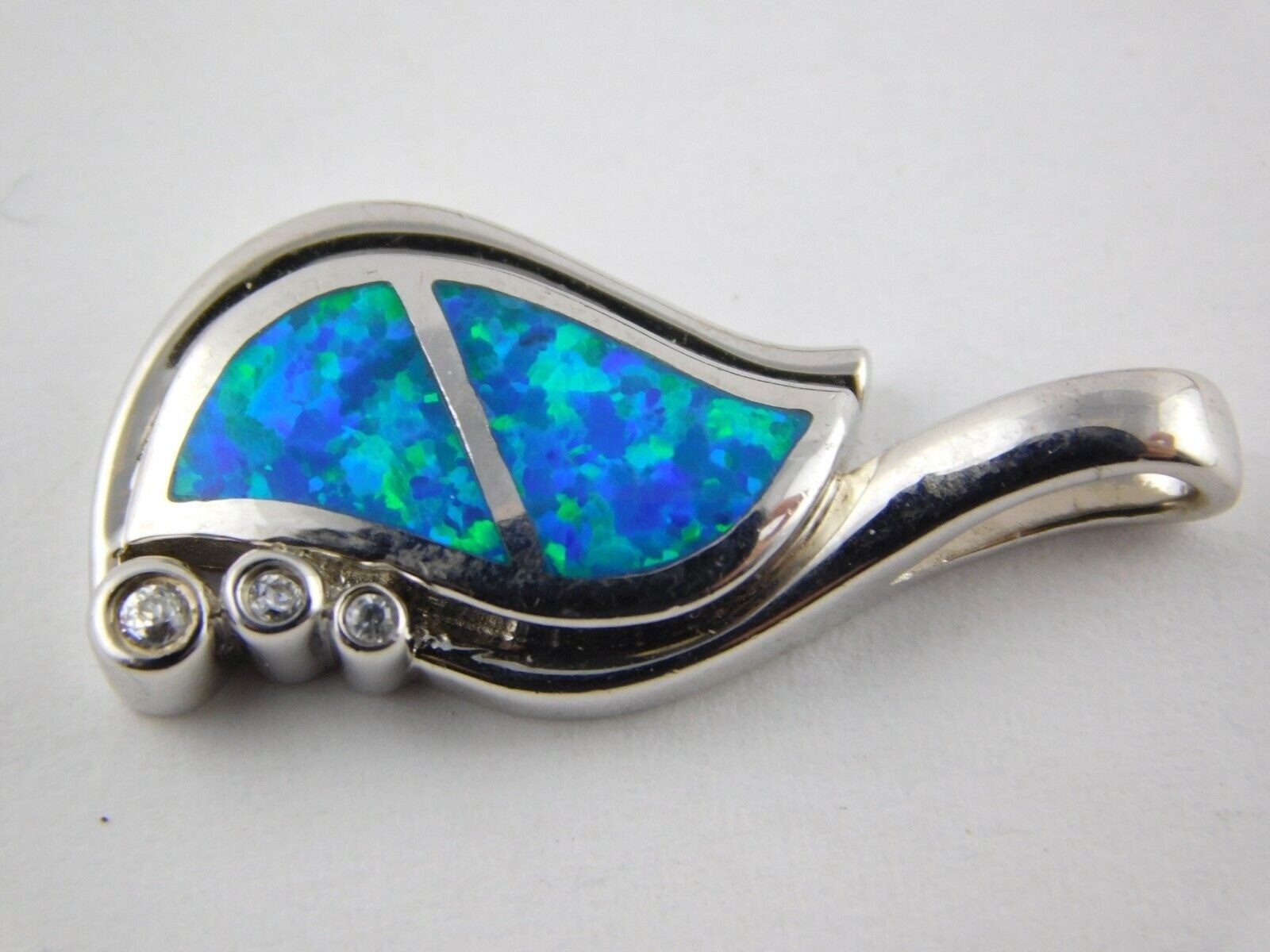 Sterling Silver Lab Created Blue Opal Inlay White CZ Accents Pendant 5g 1 1/8 In