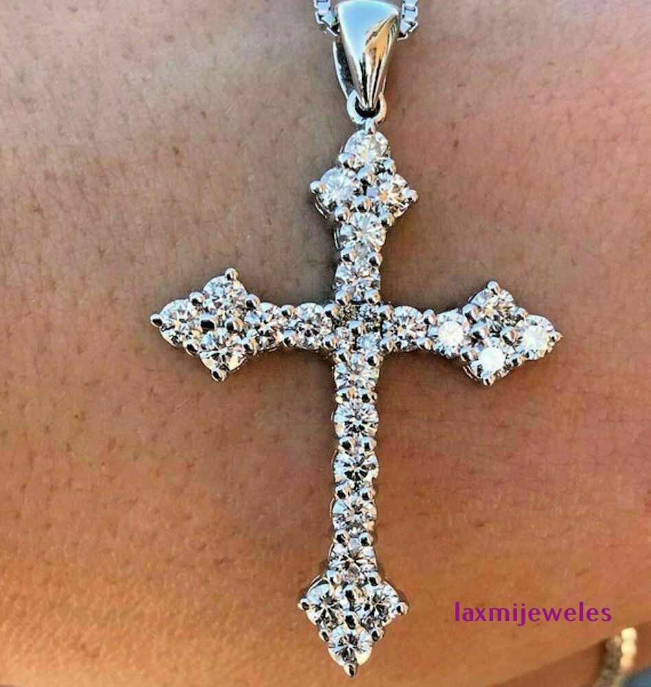 2.50 Ct Lab-Created Diamond Pendant Cross Fleur-De-Lis 925 Silver Women’s Jewelr