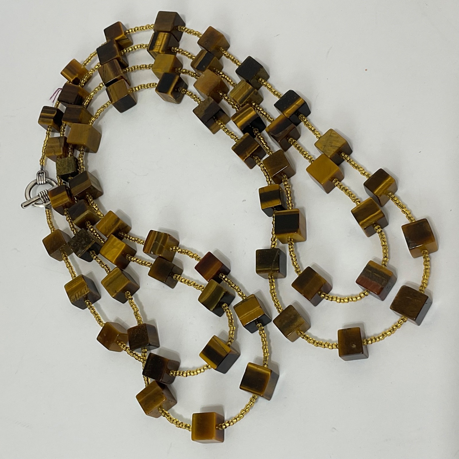 Genuine Tiger’s Eye Cube & Golden Bead Necklace Sterling Silver Toggle 64″ Long