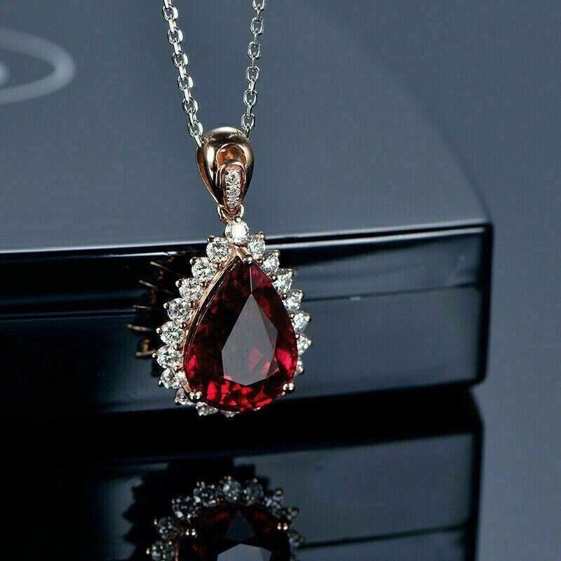 Lab-Created Red Garnet 2Ct Pear Cut Halo Pendant 14K Rose Gold Finish