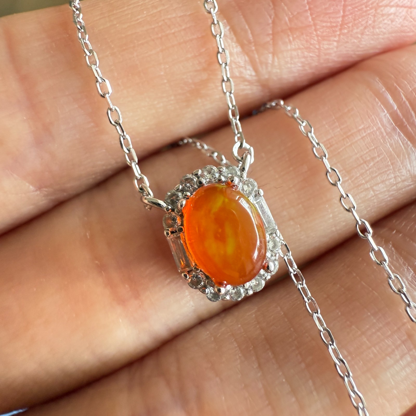925 Sterling Silver Necklace 7x6mm Natural Fire Opal Gemstone Zircon Women Cute