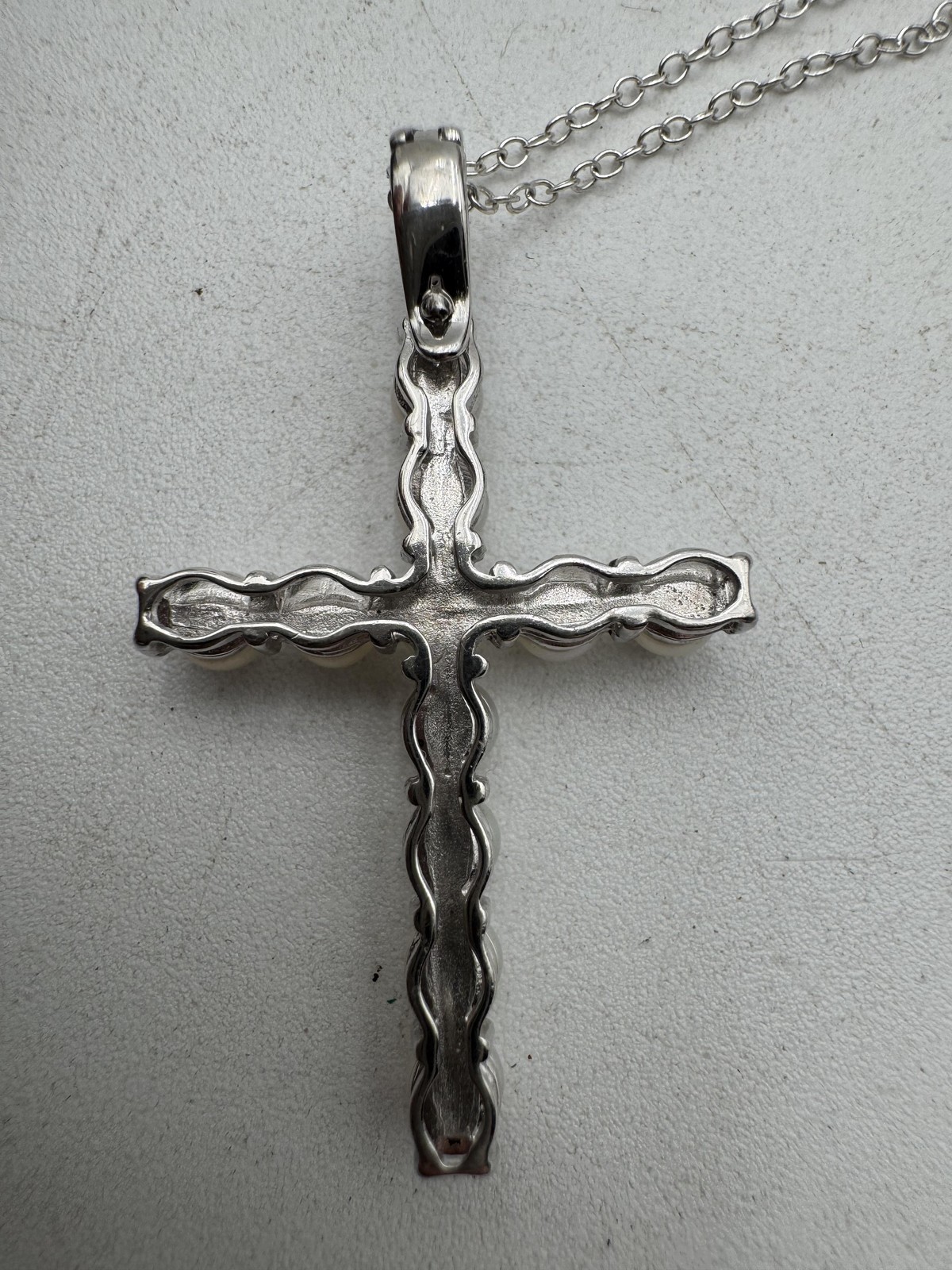 FAB Sterling Silver 925 Pearl Cross Pendant Necklace 21in Womens Religious