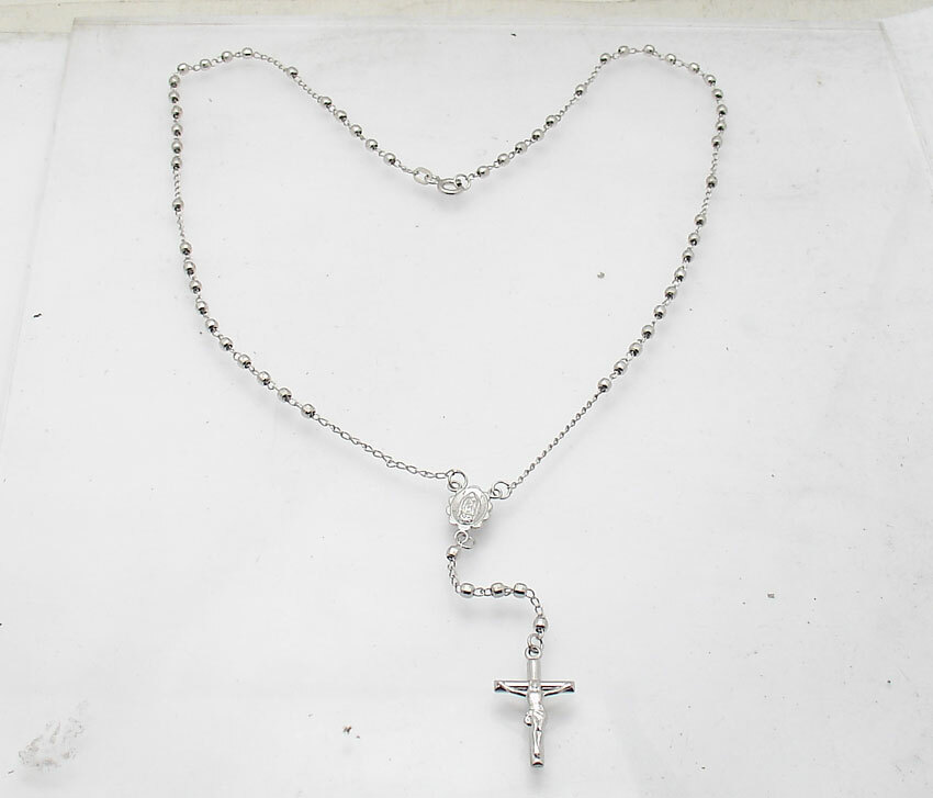 17″ 2.5mm Diamond Cut Rosary Chain Cross Crucifix Necklace Real 10K White Gold